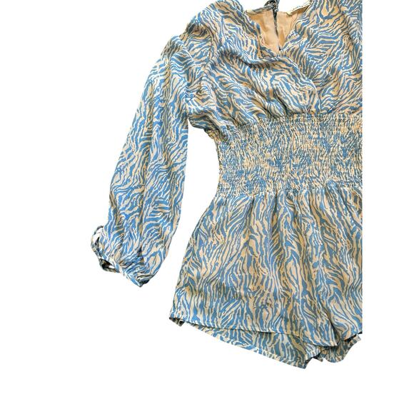 Just U In Blue Zebra Print Romper Medium Long Sleeve Smocked Waist Boho Festival - Picture 2 of 10